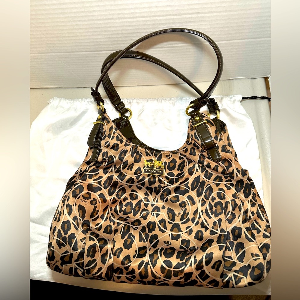 COACH Madison Maggie Hobo Ocelot Leopard 17751 Shoulder Handbag-brown/black